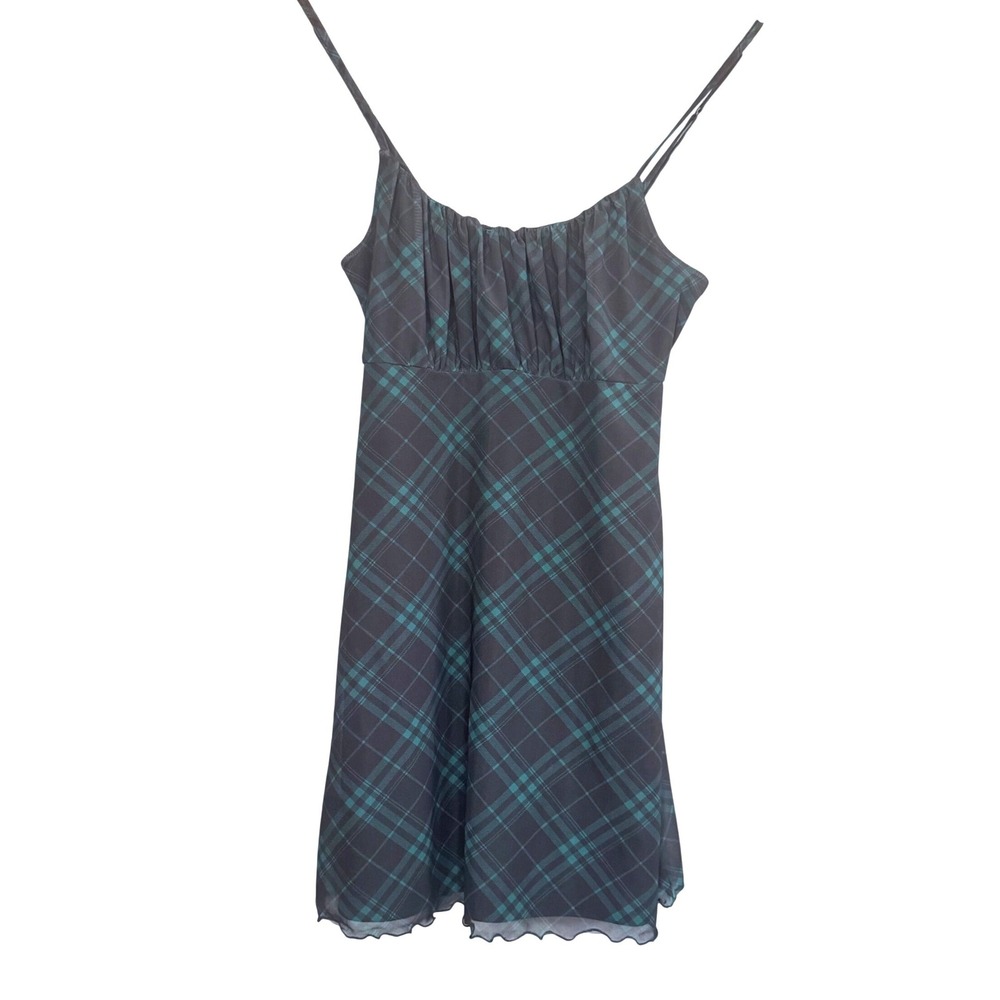 Hollister Plaid Mini Dress XS Dark Academia Mesh Lettuce Hem Green Black 90s Y2K